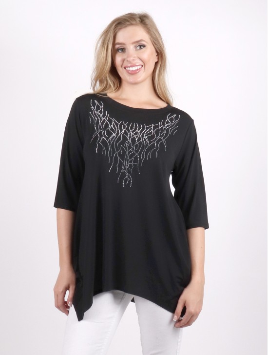 Solid Color Mid-Sleeved Top with Branched Rhinestone 